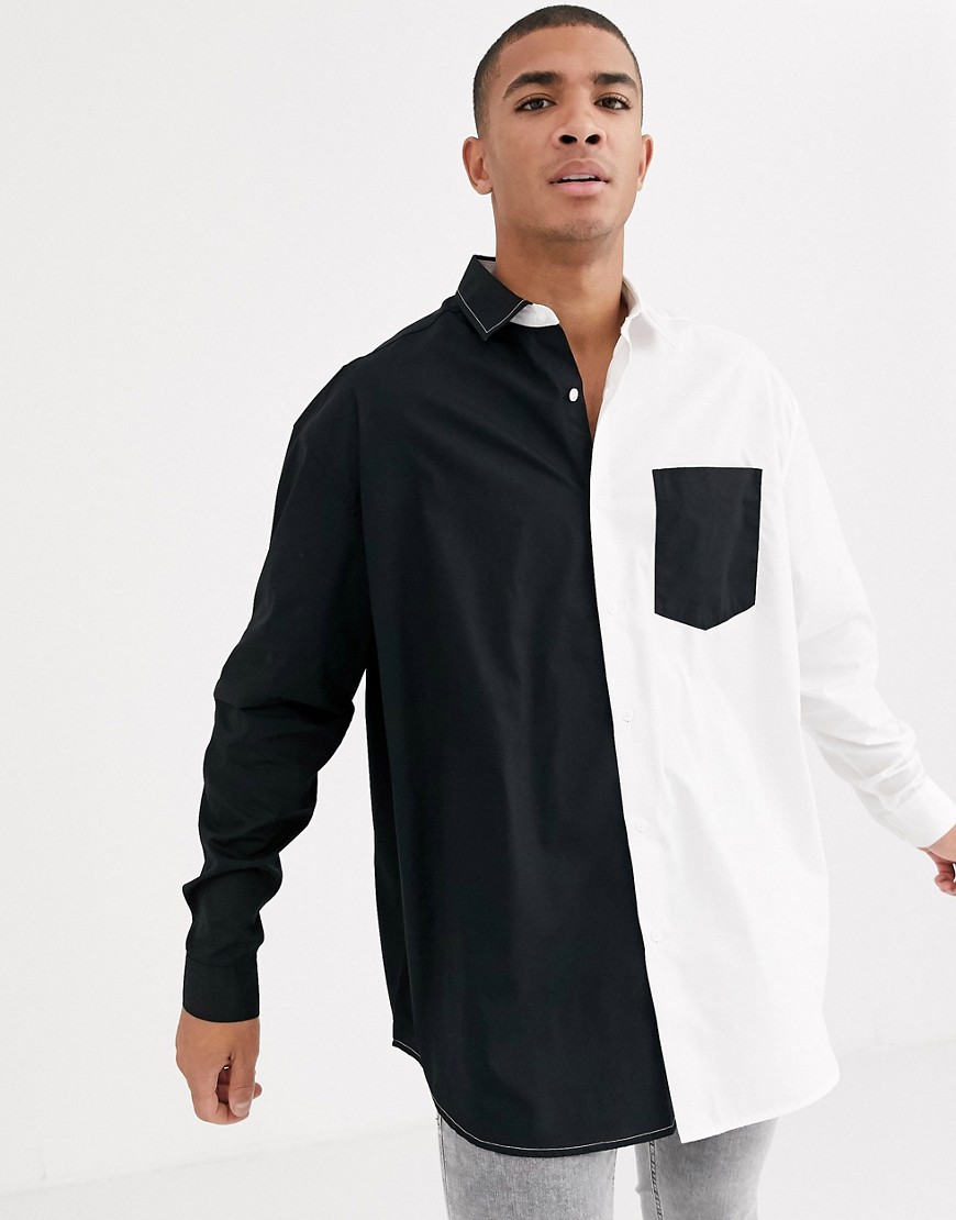 ASOS DESIGN - Camicia oversize cut & sew in popeline bianca e nera-Nero