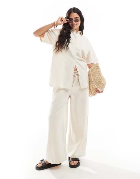 ASOS DESIGN - Camicia oversize e pantaloni in misto lino tonalità neutra in coordinato - view 1
