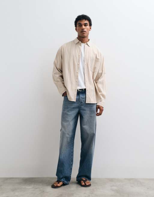 ASOS DESIGN - Camicia oversize effetto lino beige a righe, 3 di 5