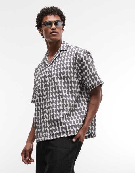 ASOS DESIGN - Camicia oversize effetto lino con rever e stampa geometrica bianca e nera - view 1