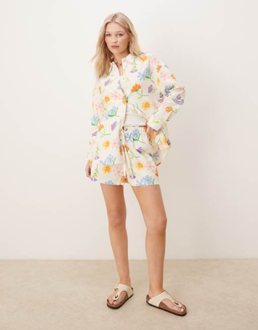ASOS DESIGN - Camicia oversize effetto lino con stampa a fiori dipinta in coordinato , 2 di 4