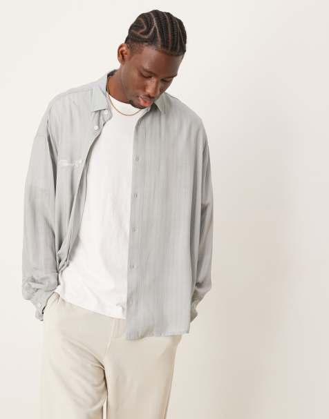 ASOS DESIGN - Camicia oversize grigia a righe con ricamo - view 1
