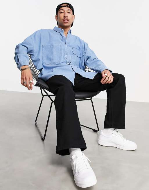 ASOS DESIGN - Camicia oversize in denim con lavaggio blu medio vintage, 4 di 4