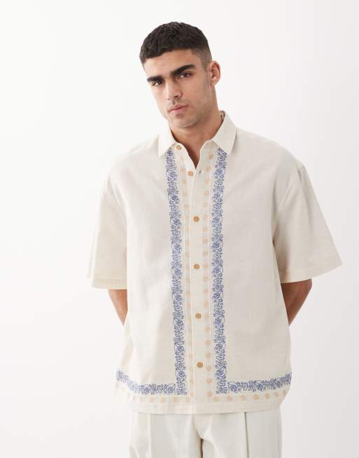 ASOS DESIGN - Camicia oversize in misto lino color pietra con ricamo sui bordi