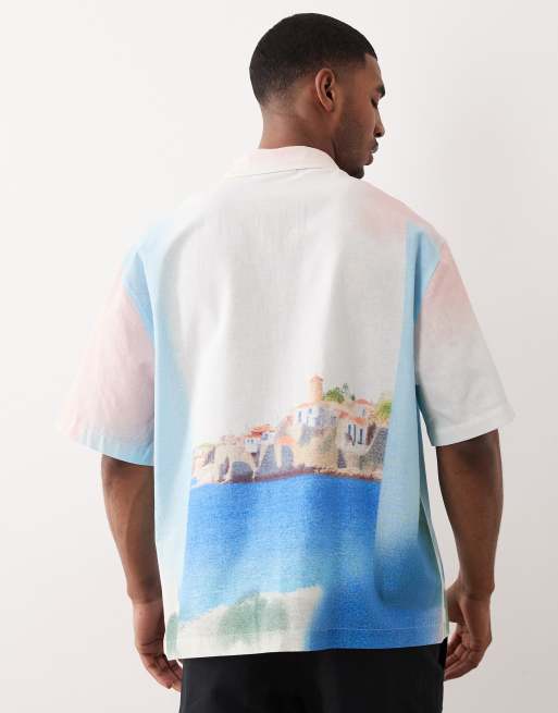 ASOS DESIGN - Camicia oversize in misto lino con stampa di paesaggio multicolore, 3 di 5