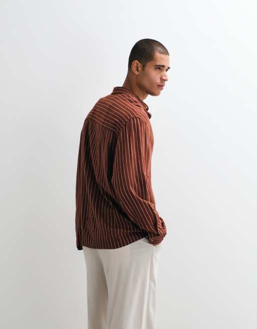 ASOS DESIGN - Camicia oversize in misto lino marrone a righe, 2 di 5