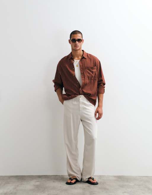 ASOS DESIGN - Camicia oversize in misto lino marrone a righe, 4 di 5