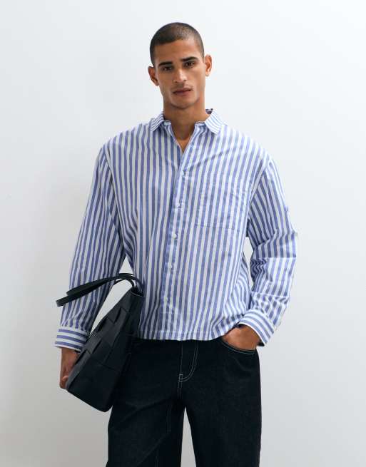 ASOS DESIGN camicia oversize in popeline a righe blu e bianca, 2 di 5