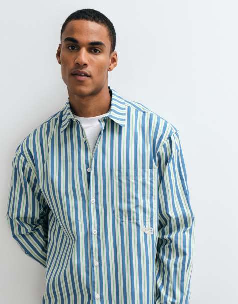 ASOS DESIGN camicia oversize in popeline a righe con ricamo sul petto blu - view 1