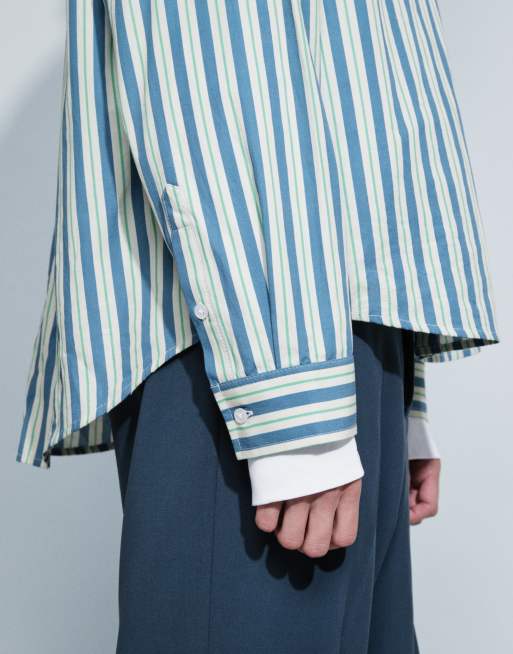 ASOS DESIGN camicia oversize in popeline a righe con ricamo sul petto blu, 3 di 5
