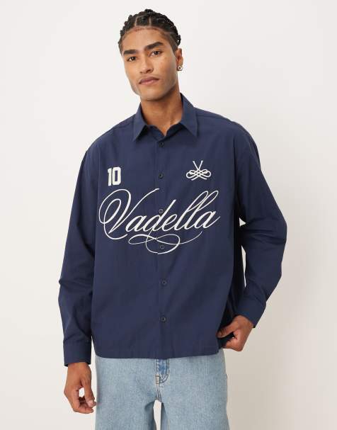 ASOS DESIGN - Camicia oversize in popeline blu navy con scritta stampata - view 1