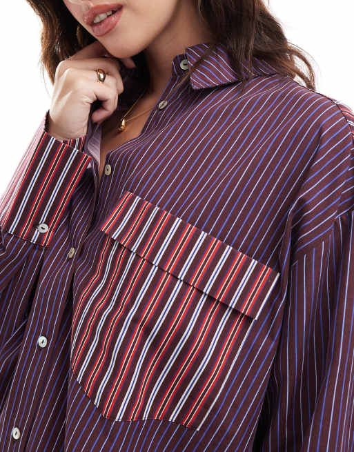 ASOS DESIGN - Camicia oversize in popeline bordeaux a righe miste, 3 di 4
