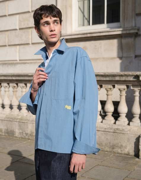 ASOS DESIGN camicia oversize in popeline con ricamo sul petto blu - view 1