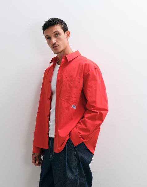 ASOS DESIGN camicia oversize in popeline con ricamo sul petto rossa - view 1