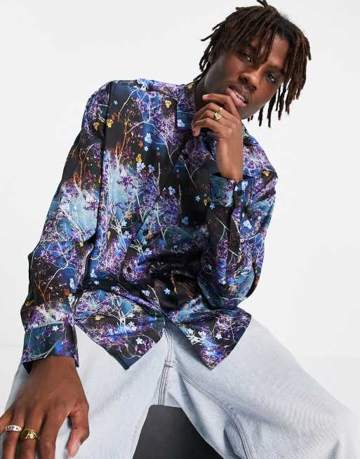 ASOS DESIGN - Camicia oversize in raso a fiori cosmici in stile anni '90