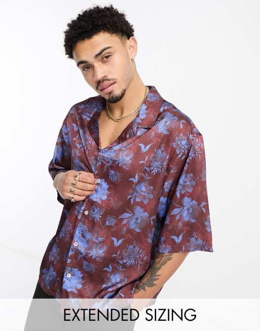 ASOS DESIGN - Camicia oversize in raso a fiori marrone con spalle scivolate e colletto con rever