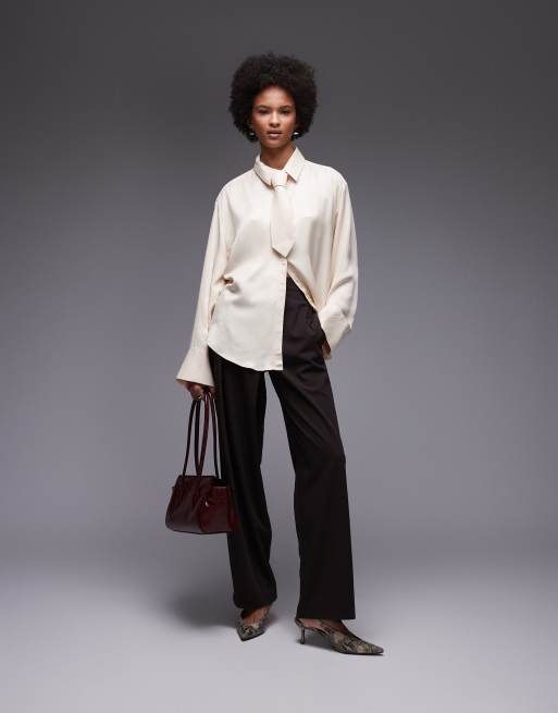 ASOS DESIGN - Camicia oversize in raso color pietra con laccio