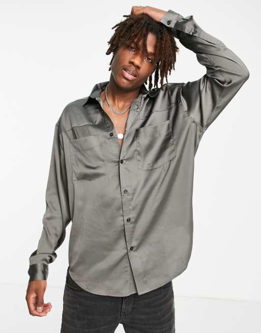 ASOS DESIGN - Camicia oversize in raso con dettaglio stile westerm, colore antracite