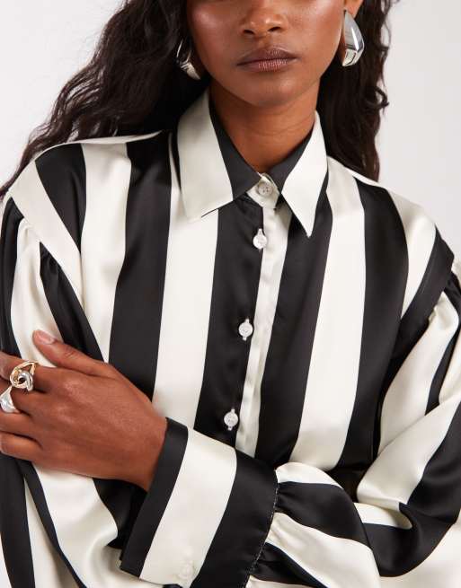 ASOS DESIGN - Camicia oversize in raso nera a righe, 3 di 4