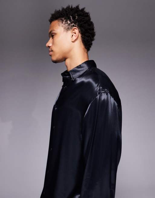 ASOS DESIGN - Camicia oversize in raso nera, 4 di 5