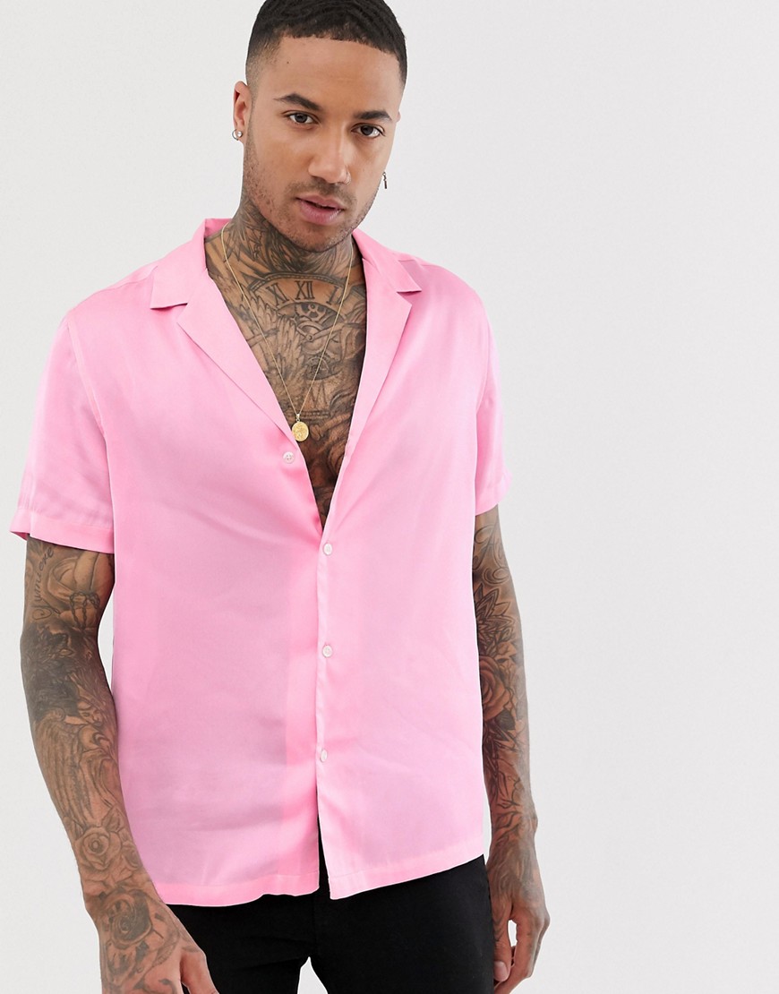 ASOS DESIGN - Camicia oversize in raso rosa con scollo profondo con rever