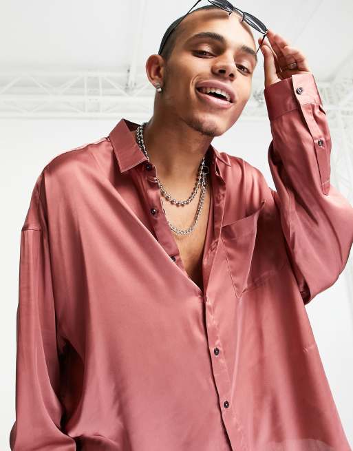ASOS DESIGN - Camicia oversize in raso rosa pallido con fondo allungato sul retro, 2 di 4