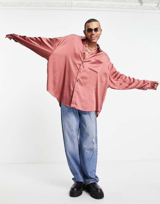 ASOS DESIGN - Camicia oversize in raso rosa pallido con fondo allungato sul retro, 3 di 4