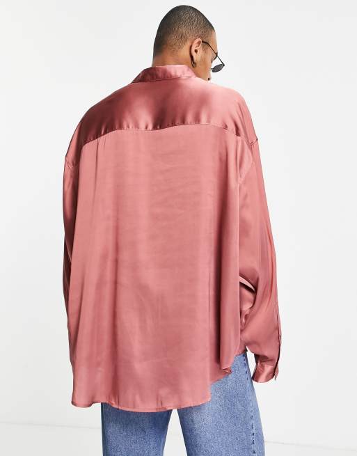 ASOS DESIGN - Camicia oversize in raso rosa pallido con fondo allungato sul retro, 4 di 4