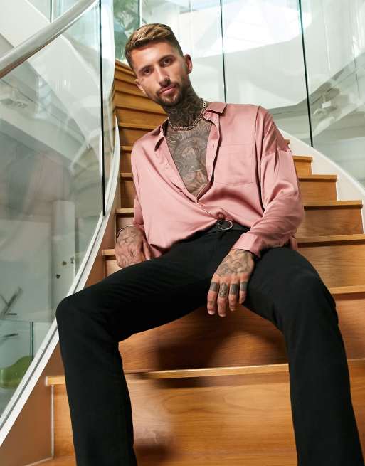 ASOS DESIGN - Camicia oversize in raso rosa pallido