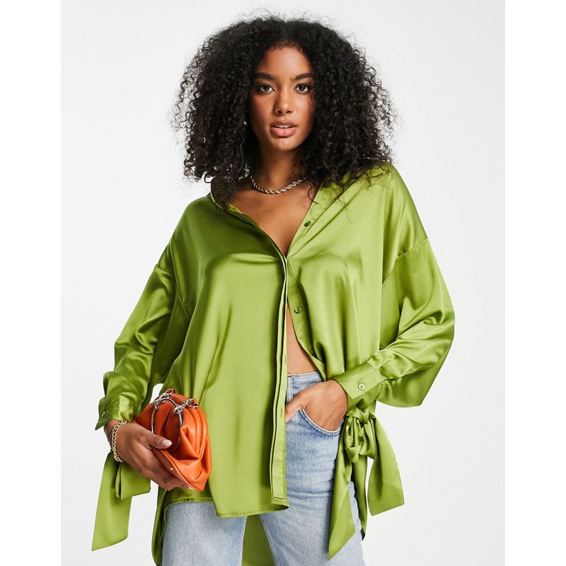Jalht Camicie e bluse DESIGN - Camicia oversize in raso verde con lacci sui polsini in coordinato