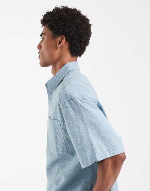 ASOS DESIGN - Camicia oversize in tessuto seersucker blu, 5 di 5