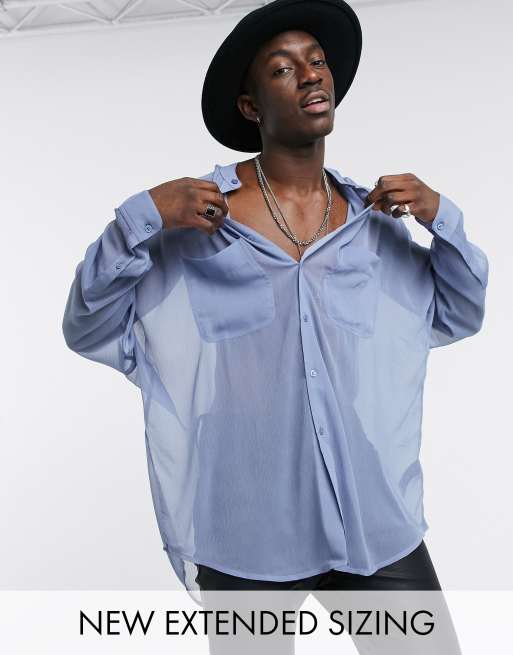 ASOS DESIGN - Camicia oversize in tessuto stropicciato trasparente blu con collo serafino e spalle scivolate