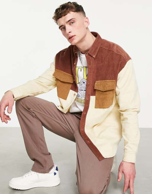 ASOS DESIGN - Camicia oversize in velluto a coste marrone colorblock