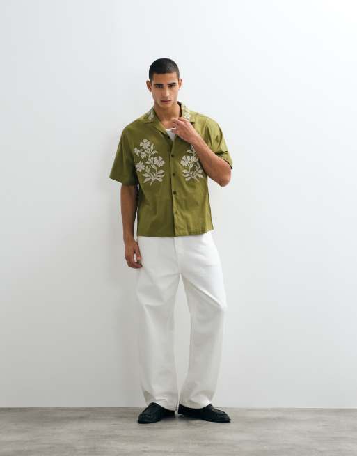 ASOS DESIGN - Camicia oversize kaki con fiori ricamati, 5 di 5