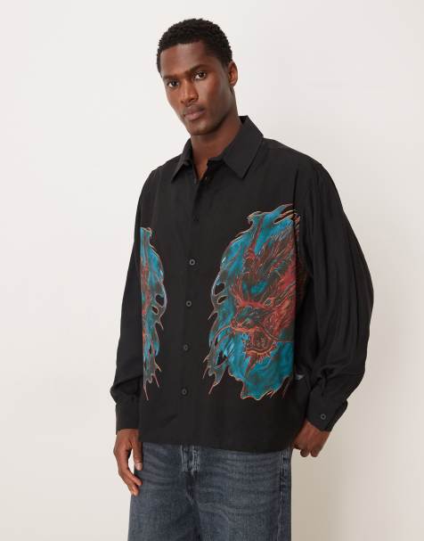 ASOS DESIGN - Camicia oversize nera con colletto squadrato e stampa con draghi - view 1