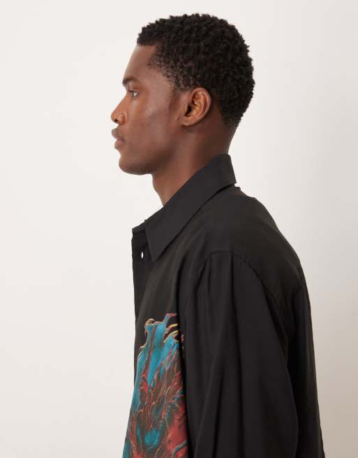 ASOS DESIGN - Camicia oversize nera con colletto squadrato e stampa con draghi, 4 di 5