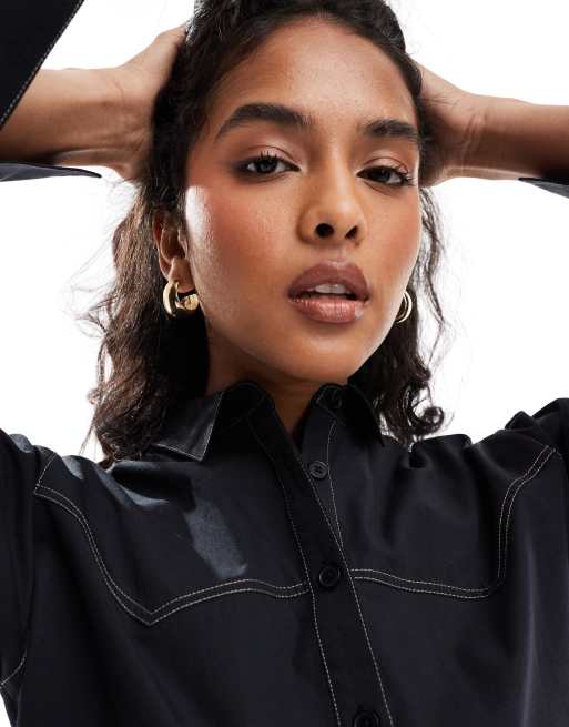 ASOS DESIGN - Camicia oversize nera con cuciture a contrasto stile western, 4 di 4