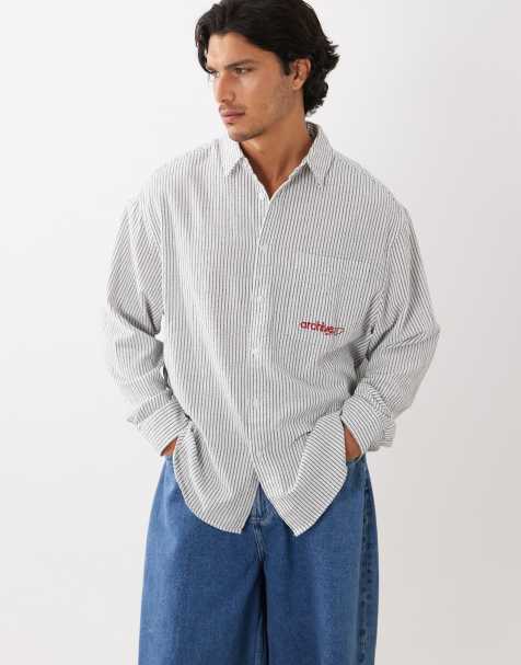 ASOS DESIGN - Camicia oversize nera e bianca a righe con ricamo sulla tasca - view 1