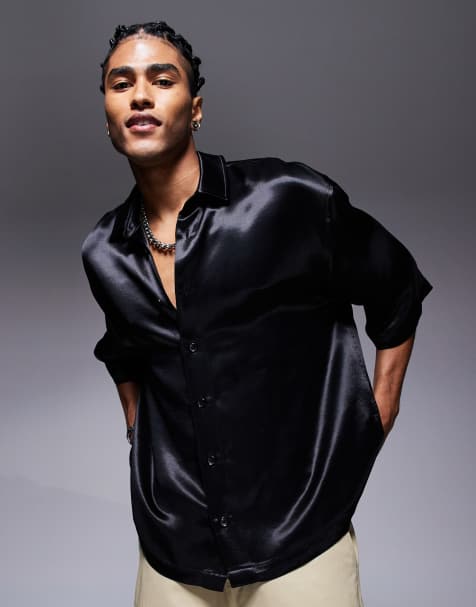 ASOS DESIGN - Camicia oversize nera in raso con mezze maniche - view 1