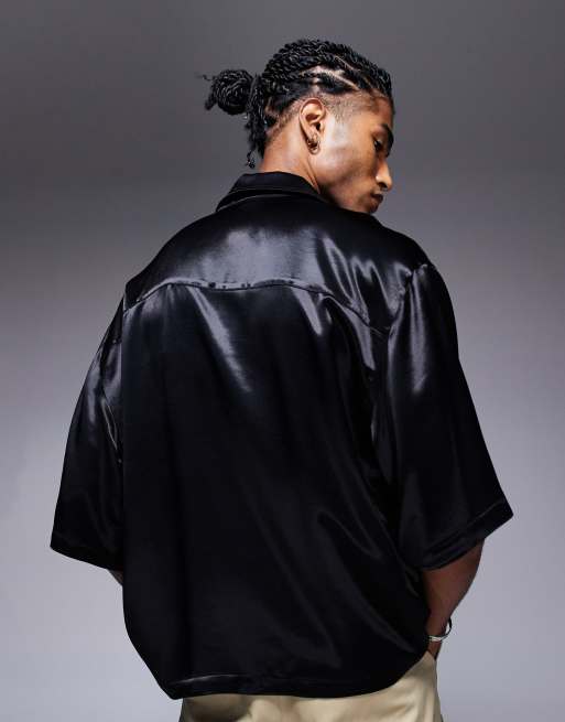 ASOS DESIGN - Camicia oversize nera in raso con mezze maniche, 4 di 4
