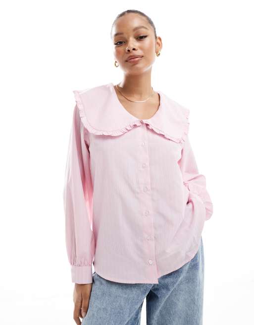 ASOS DESIGN - Camicia oversize rosa a righe con colletto con volant