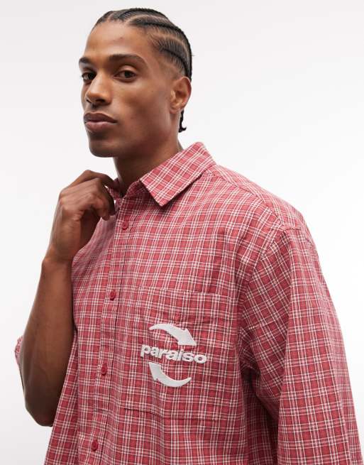 ASOS DESIGN - Camicia oversize rossa a quadri con ricamo sul petto, 4 di 5