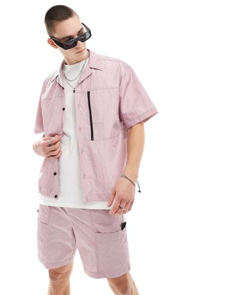 ASOS DESIGN - Camicia oversize squadrata a maniche corte multitasche con rever, colore rosa in coordinato - view 1