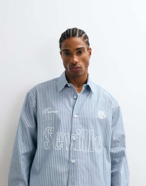 ASOS DESIGN camicia oversize squadrata a righe con stampa frontale blu, 5 di 5