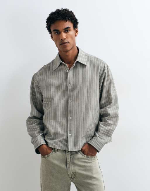 ASOS DESIGN camicia oversize squadrata a righe effetto lino color kaki