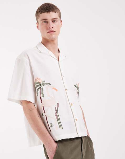 ASOS DESIGN - Camicia oversize squadrata beige con lino e ricamo sul petto - view 1