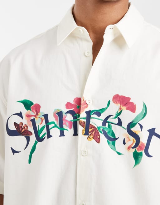 ASOS DESIGN - Camicia oversize squadrata beige con stampa sul petto, 3 di 5