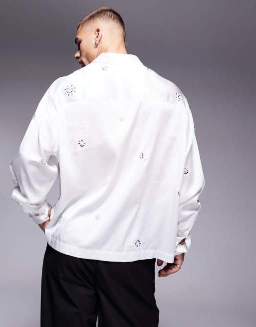 ASOS DESIGN - Camicia oversize squadrata bianca in raso decorata, 4 di 4