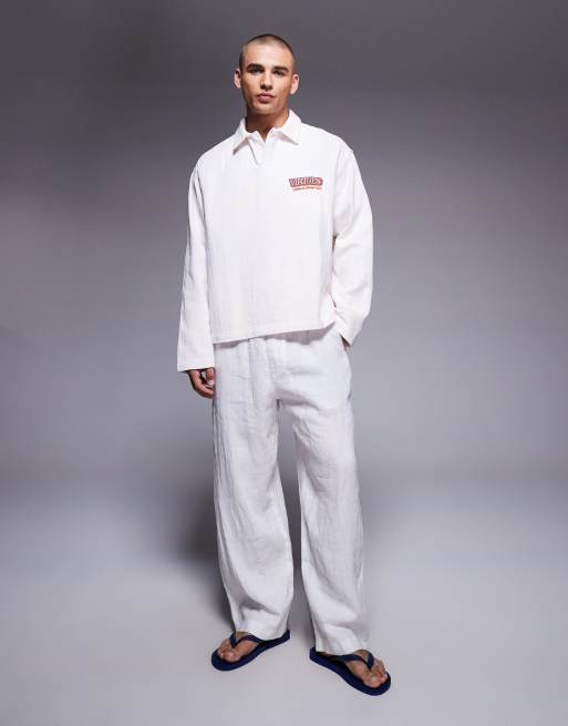 ASOS DESIGN - Camicia oversize squadrata bianco sporco con stampa sul petto, 2 di 5
