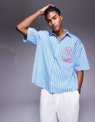 ASOS DESIGN - Camicia oversize squadrata blu a righe con ricamo sul petto - view 1